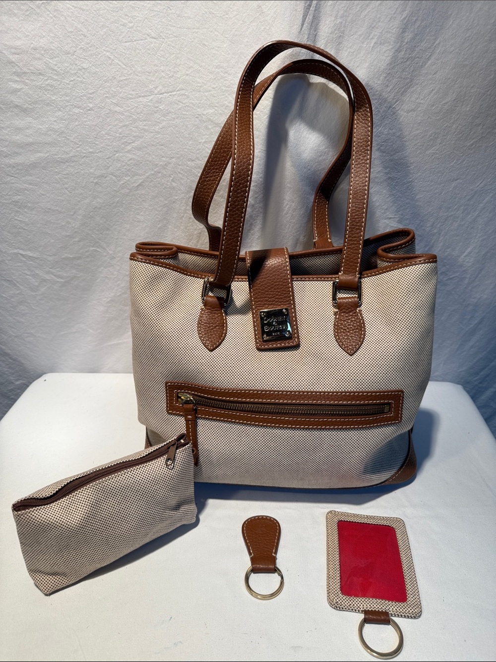 Dooney & Bourke Cream and Brown Tote with Accessories